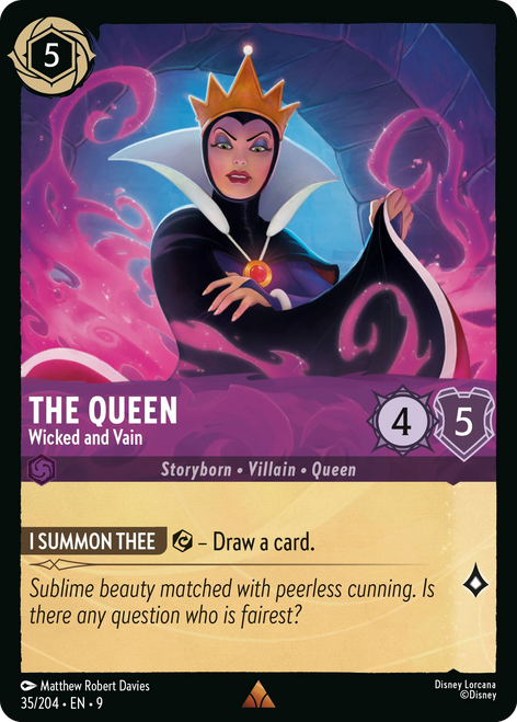 The Queen (Foil) : Wicked and Vain - 35/204 trading card in mint condition, enticing artwork with a villainous character.