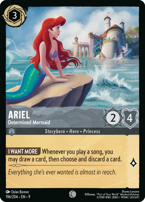 Ariel (Foil) : Determined Mermaid - 196/204 trading card in mint condition, enticing Disney collectible art.
