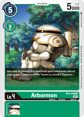 Lockett Labs Arbormon: DOUBLE DIAMOND - BT6-049 card featuring a robotic character in a forest setting, with stats and abilit