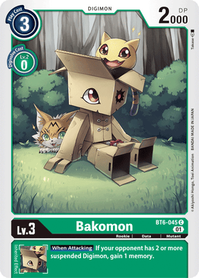 Lockett Labs Bakomon: DOUBLE DIAMOND - BT6-045 card featuring a cute cat character in a box with two other cats. Level 3, 200