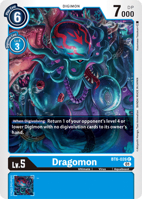 Lockett Labs Dragomon: DOUBLE DIAMOND - BT6-026 card featuring a colorful octopus design, level 5 Digimon with 7000 DP.