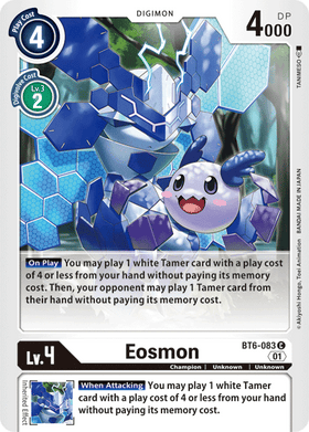 Eosmon: DOUBLE DIAMOND - BT6-083 card featuring a blue Digimon with a cute character, stats, and abilities listed.