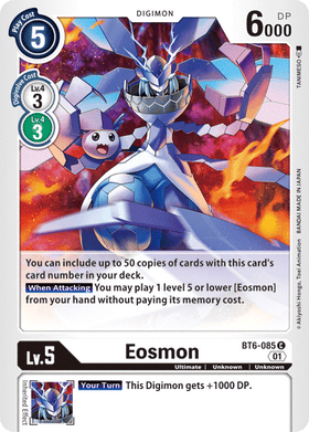 Eosmon: DOUBLE DIAMOND - BT6-085 card featuring a blue dragon-like creature with a small companion, showcasing stats and effe