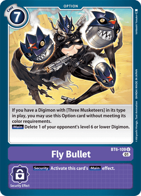 Lockett Labs Fly Bullet: DOUBLE DIAMOND - BT6-109 card featuring three masked characters and a security effect description.