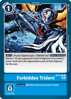 Card image of Forbidden Trident: DOUBLE DIAMOND - BT6-096. Features a blue background with a powerful Digimon character and t