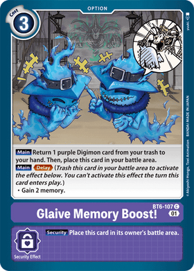 Lockett Labs Glaive Memory Boost! card featuring blue ghost-like creatures, with effects and game details. BT6-107.