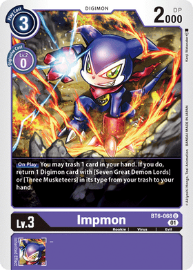 Lockett Labs Impmon: DOUBLE DIAMOND - BT6-068 card featuring a blue and purple character with fiery effects, showcasing its a