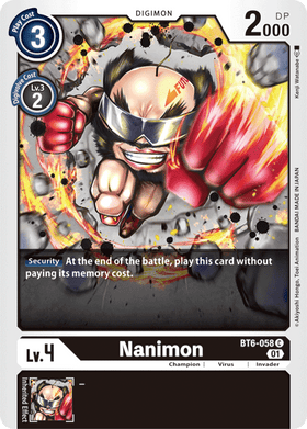Lockett Labs Nanimon: DOUBLE DIAMOND - BT6-058 card featuring a character with goggles and a fierce expression, surrounded by