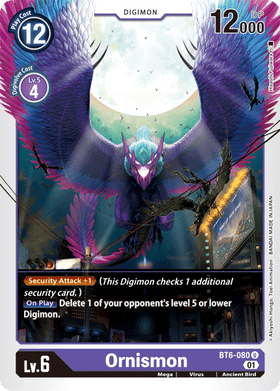 Lockett Labs Ornismon: DOUBLE DIAMOND - BT6-080 card featuring a purple bird Digimon with a city background and security atta