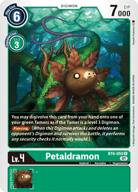 Lockett Labs Petaldramon: DOUBLE DIAMOND - BT6-050 card featuring a green Digimon with a nature-themed background.