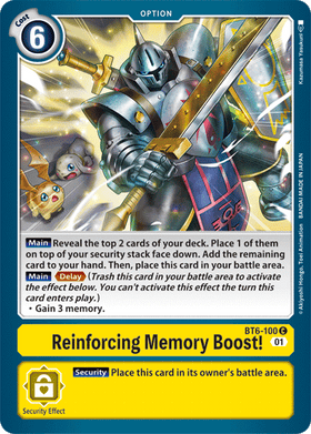 Card featuring "Reinforcing Memory Boost!" from Lockett Labs. It shows a knight in armor with a blue background and game mech