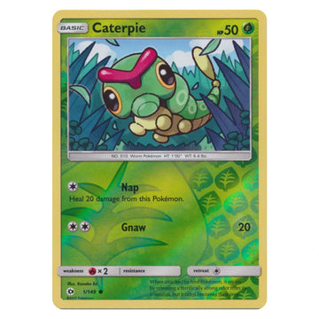 Caterpie 1/149 Sun & Moon Pokémon card, scanned front