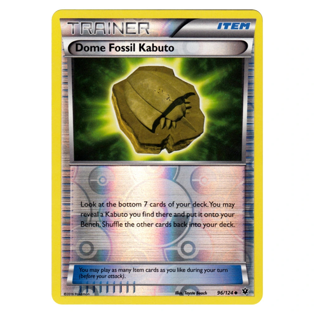 Dome Fossil Kabuto 96/124 Fates Collide reverse holo Pokémon card, scanned front