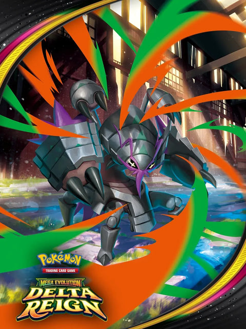 Mega Golisopod ex promotional artwork for Delta Reign, armoured and lit by orange and green streaks