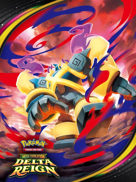 Mega Golurk ex promotional artwork for Delta Reign, charging through red and blue energy