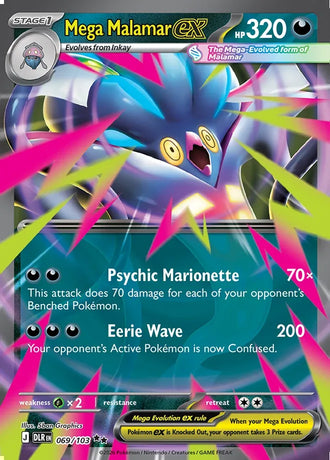 Mega Malamar ex card 069/103 from Delta Reign, 320 HP Darkness Stage 1 with Psychic Marionette