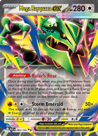 Mega Rayquaza ex card 084/103 from Delta Reign, 280 HP Colorless Basic with the Ruler's Roar Ability