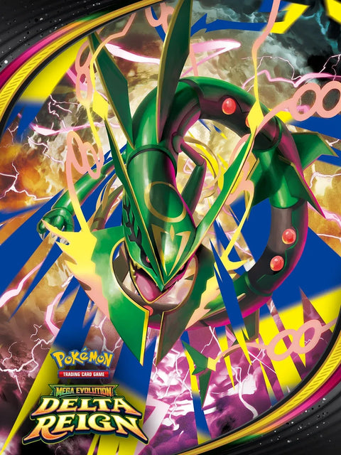 Mega Rayquaza ex key artwork for the Pokémon TCG Mega Evolution Delta Reign expansion, coiled against a storm of yellow and magenta energy