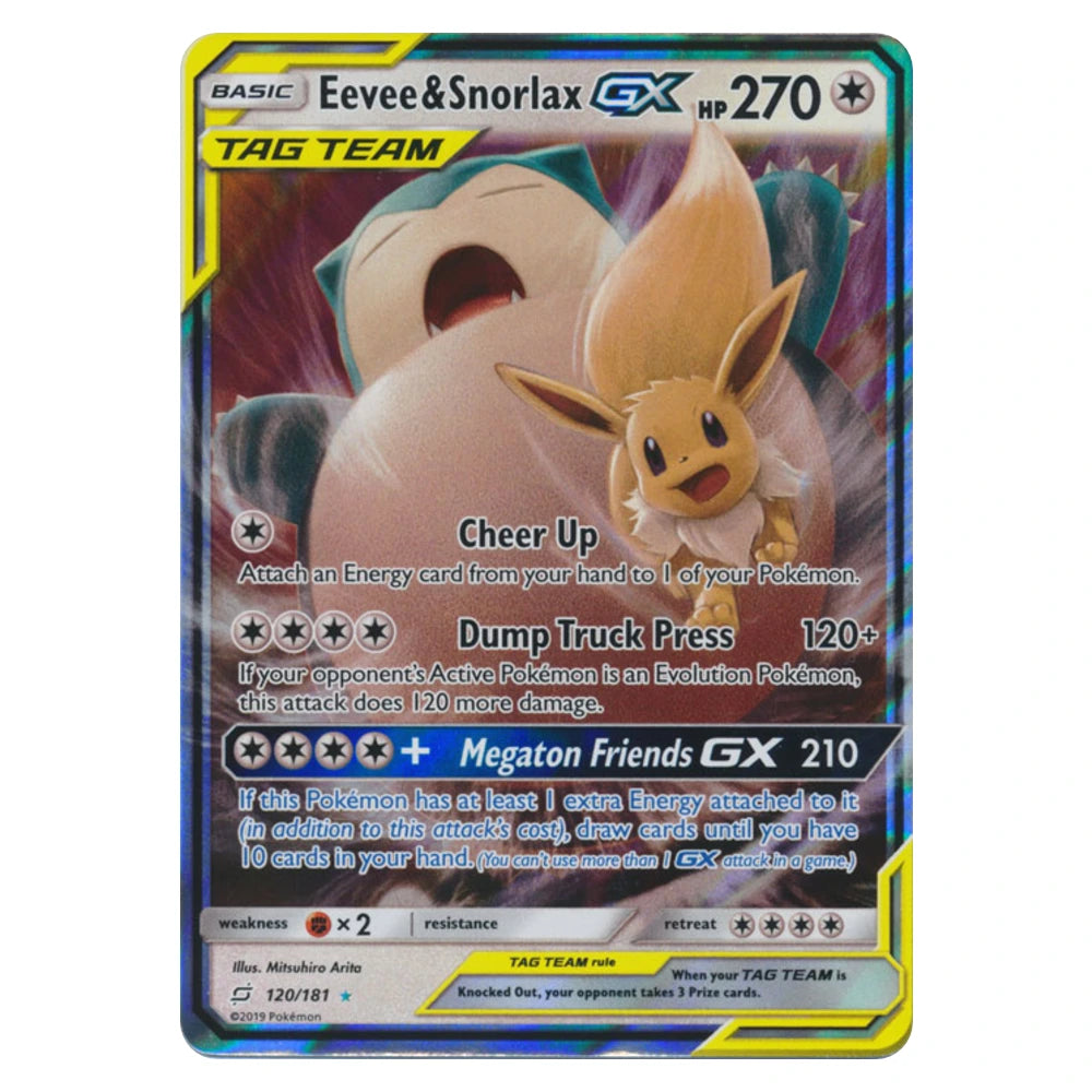 Eevee & Snorlax GX 120/181 Team Up Pokémon card, scanned front