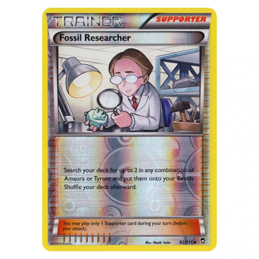 Fossil Researcher 92/111 Furious Fists reverse holo Pokémon card, scanned front