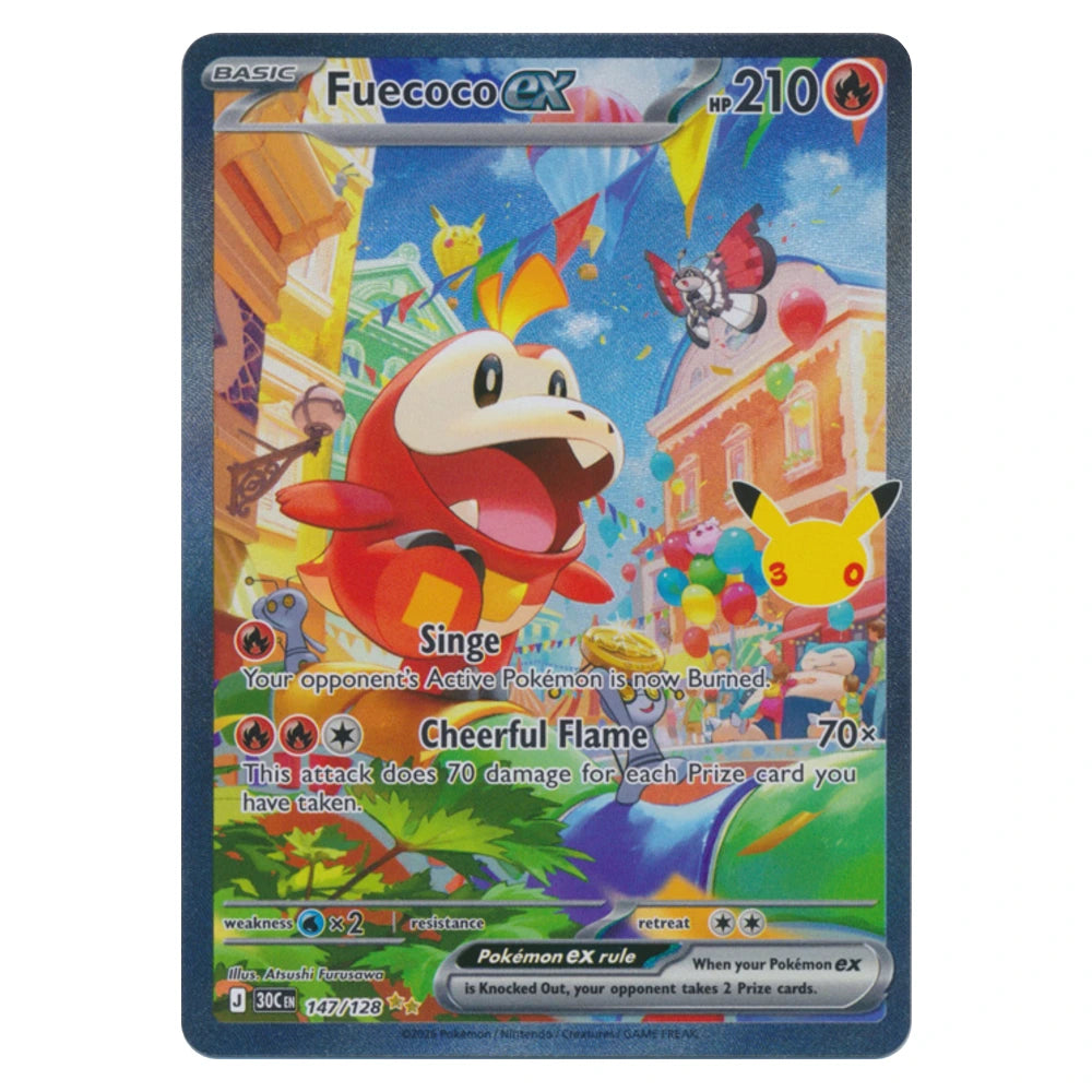 Fuecoco ex 147/128 30th Celebration holo Pokémon card, scanned front