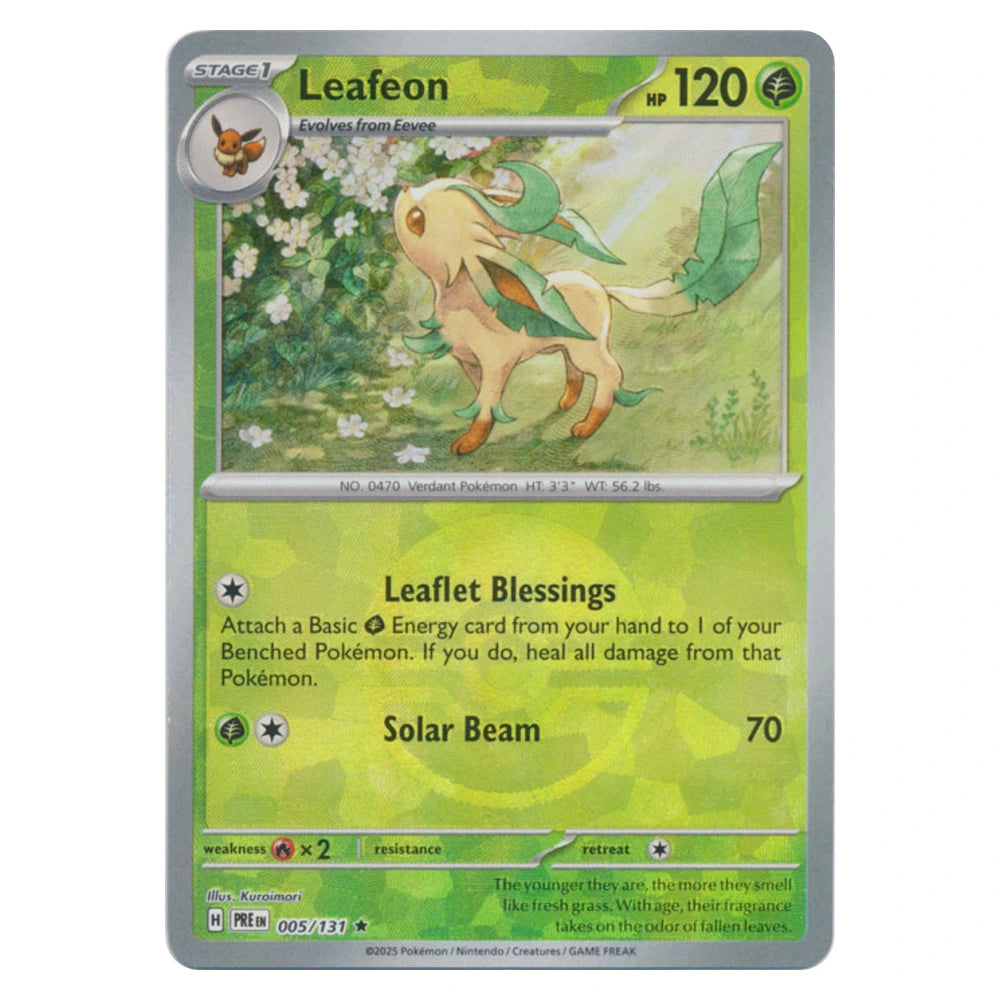 Leafeon 005/131 Prismatic Evolutions pokeball reverse holo Pokémon card, scanned front