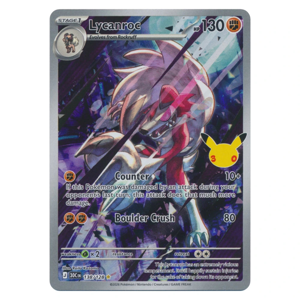 Lycanroc 138/128 30th Celebration holo Pokémon card, scanned front