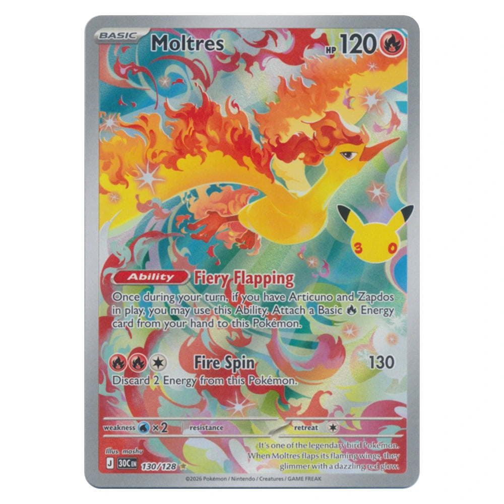 Moltres 130/128 30th Celebration holo Pokémon card, scanned front
