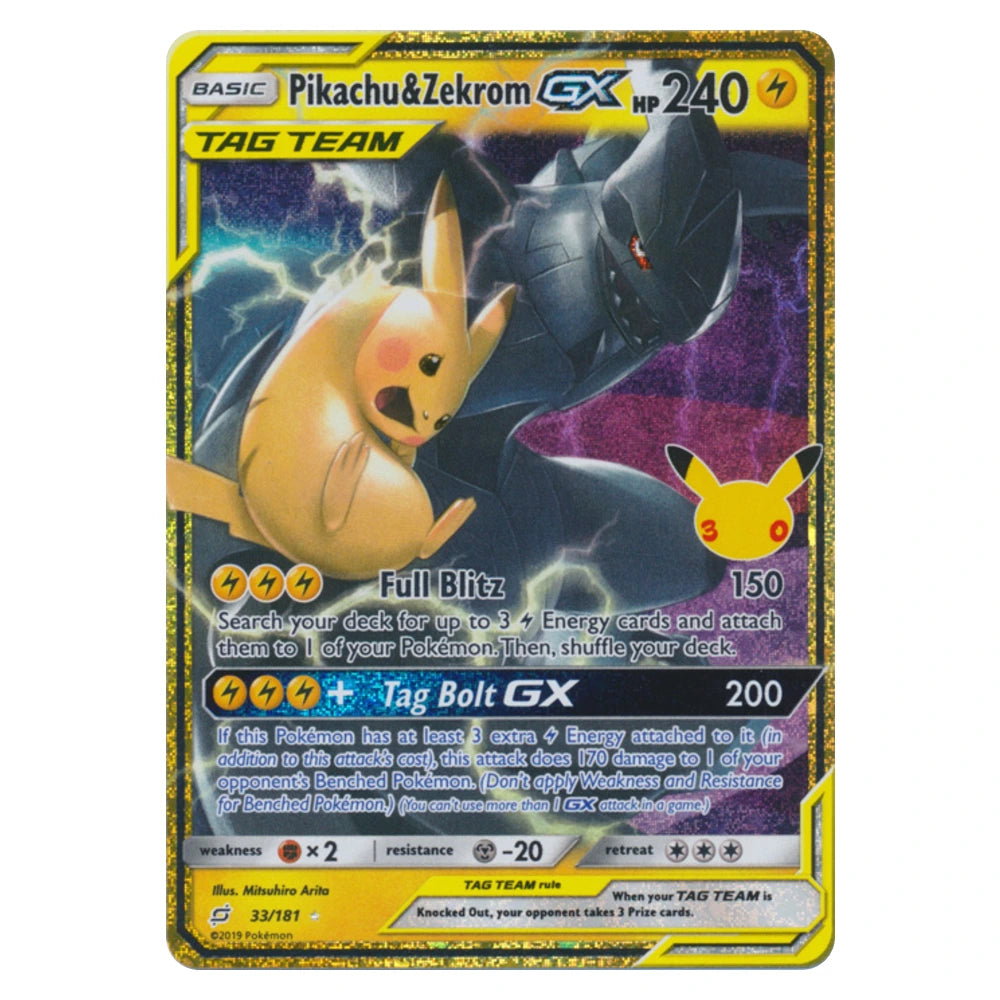 Pikachu & Zekrom GX 33/181 30th Celebration Classic Collection Pokémon card, scanned front