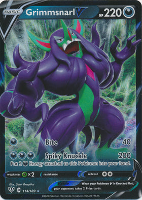 Grimmsnarl V card from Lockett Labs, featuring vibrant artwork of the Pokémon with HP 220, attacks Bite and Spiky Knuckle.