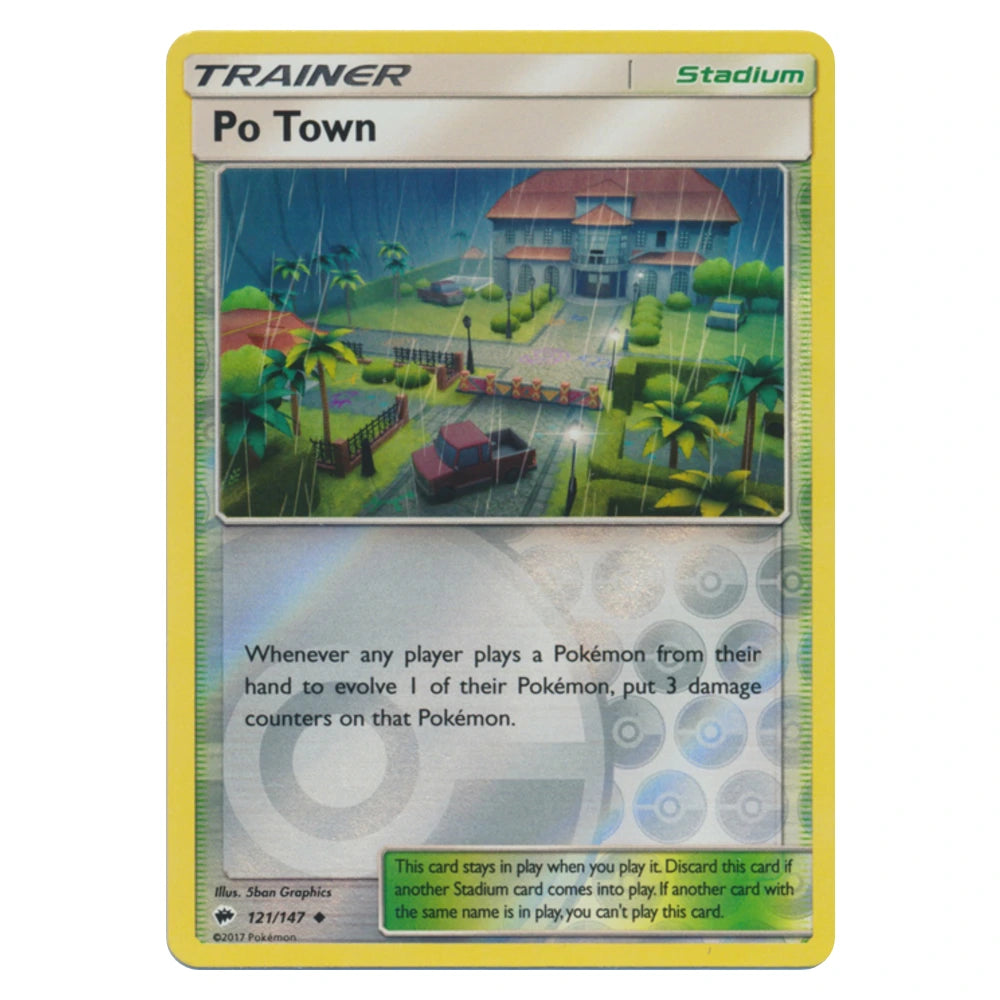 Po Town 121/147 Burning Shadows reverse holo Pokémon card, scanned front