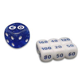 Lockett Labs Pokemon Go! dice set includes six white dice with numbers and a blue bonus die featuring "GO."