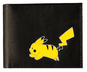 Black bifold wallet featuring a playful Pikachu design with a lightning bolt, from Lockett Labs.