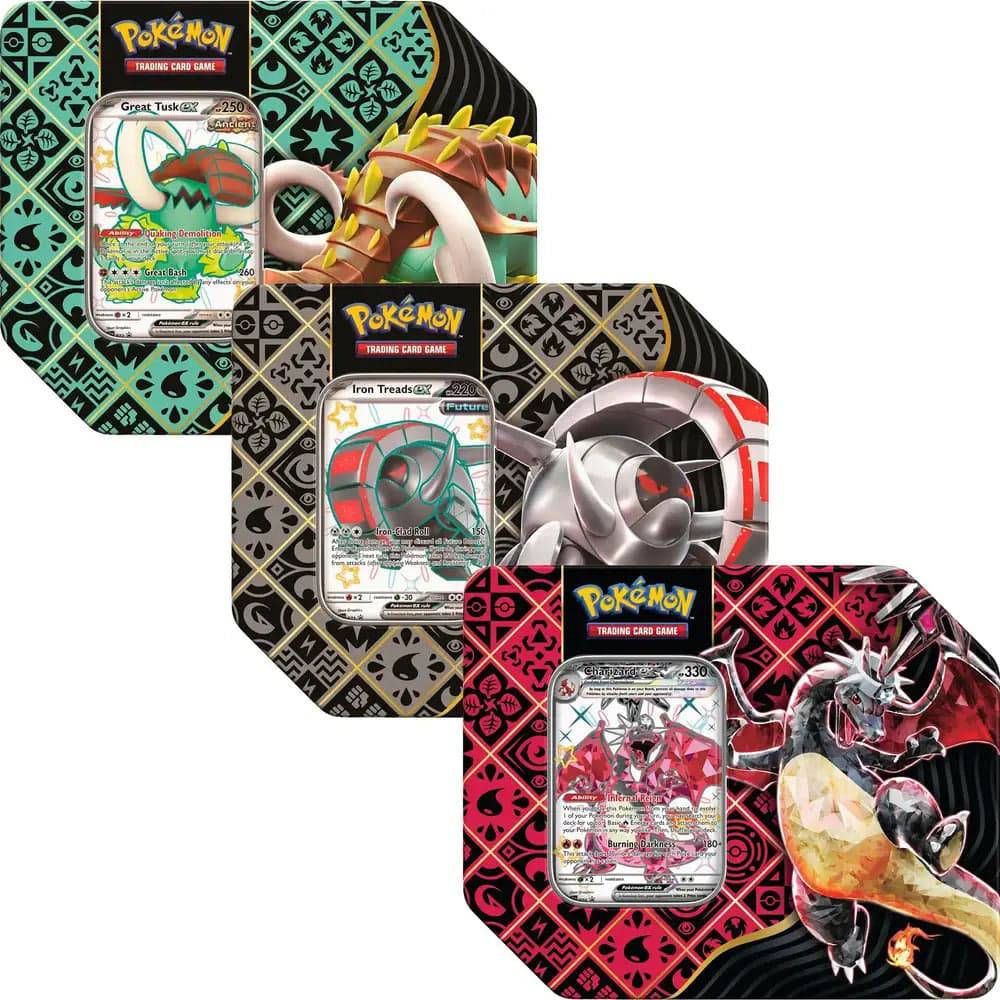 Paldean Fates Tin : 7" Tin - Great Tusk/ Iron Treads/ Charizard - Lockett Labs UK