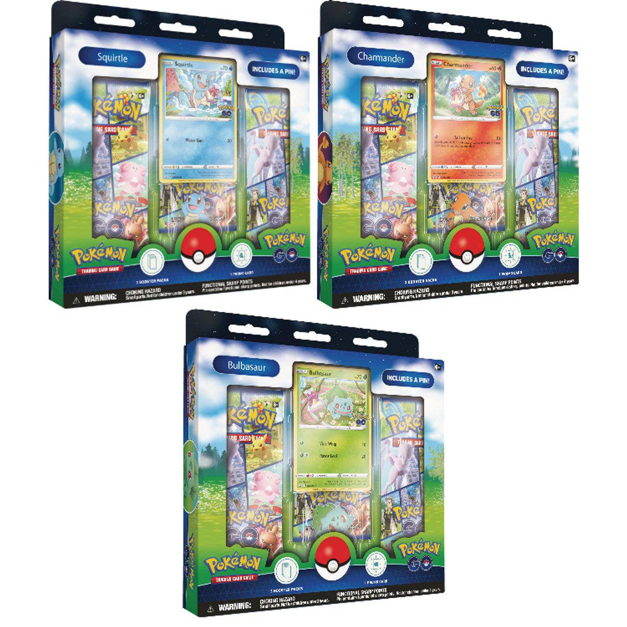 Lockett Labs Pokemon Go! Pin Box featuring Squirtle, Charmander, and Bulbasaur with collectible pins and cards.