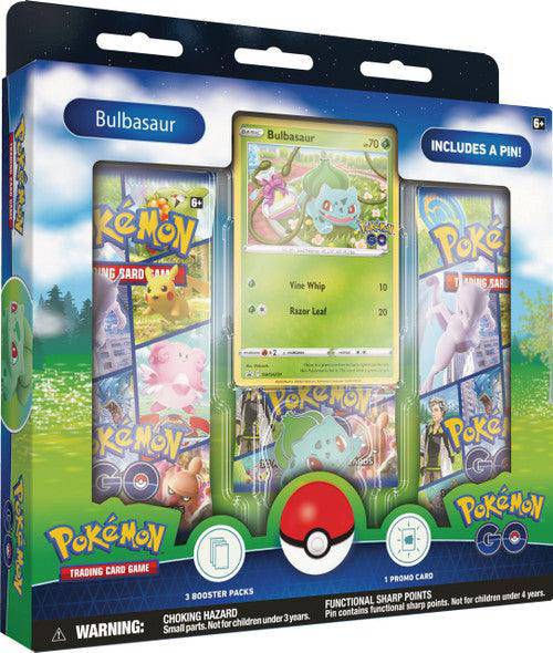 Lockett Labs Pokemon Go! Pin Box featuring Bulbasaur, includes 3 booster packs and a collectible pin. Suitable for ages 6+.