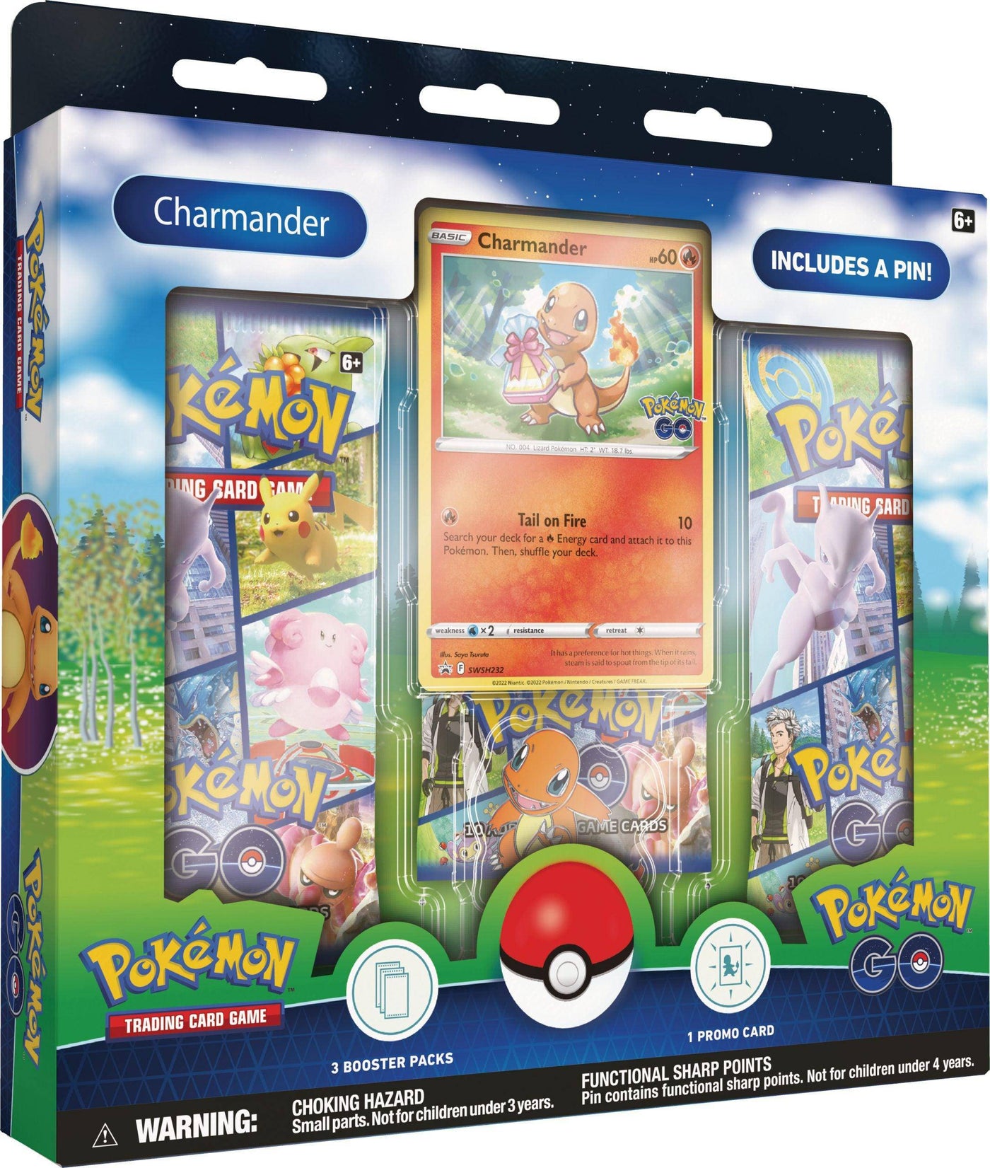 Lockett Labs Pokemon Go! Pin Box featuring Charmander card, three booster packs, and a collectible pin.