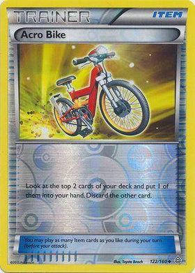 Reverse holo Acro Bike card from Lockett Labs, featuring a red bike and a shiny holographic background. Card number 122/160.