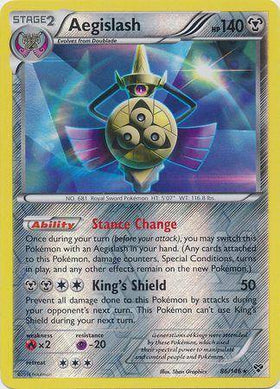 Aegislash card from Lockett Labs, XY BASE set, reverse holo, featuring its abilities and stats. Card number 86/146.