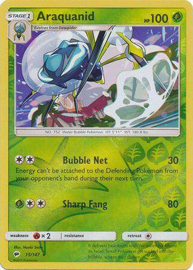 Lockett Labs Araquanid: BURNING SHADOWS (Reverse holo) card featuring vibrant artwork, HP 100, and attack details. 15/147.