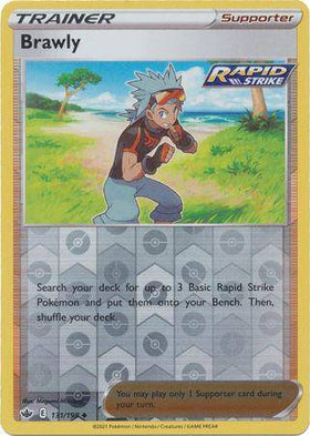 Lockett Labs Brawly: CHILLING REIGN (Reverse holo) card featuring a trainer with spiky hair and a Poké Ball.
