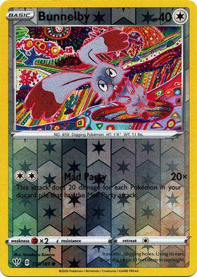 Bunnelby card from Lockett Labs, DARKNESS ABLAZE set, reverse holo, featuring colorful artwork and stats. Card number 150/189