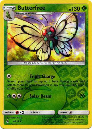 Lockett Labs Butterfree card from UNBROKEN BONDS, reverse holo, featuring a colorful butterfly with green and pink accents.