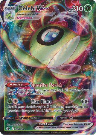 Lockett Labs Celebi VMAX card from Chilling Reign, featuring vibrant colors, HP 310, and abilities like Curative Forest and M