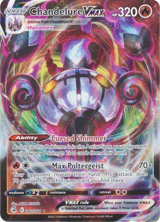 Chandelure VMAX card from Lockett Labs, featuring vibrant artwork, HP 320, and abilities like Cursed Shimmer and Max Polterge