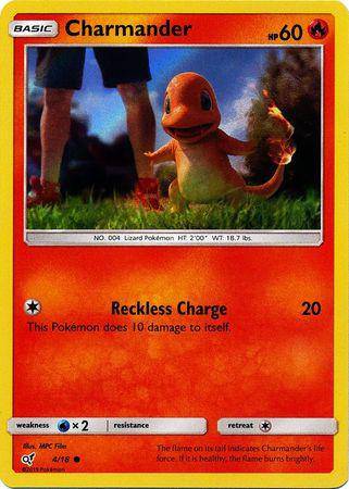 Charmander card from Detective Pikachu series, featuring a fiery Charmander with HP 60 and the move Reckless Charge. Holo fin