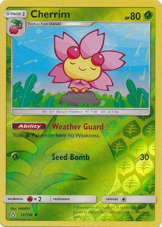 Cherrim: ULTRA PRISM (Reverse holo) card featuring a pink flower Pokémon with a serene expression, set against a colorful bac