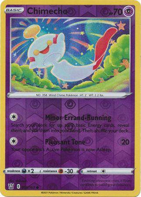 Chimecho: BATTLE STYLES (Reverse holo) card featuring a whimsical design with purple background and stats.