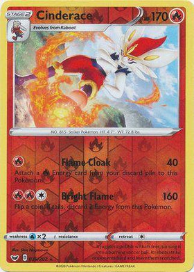Cinderace: SWORD & SHIELD BASE (Reverse holo) - 036/202 featuring a fiery Cinderace with attack details and stats.