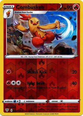 Combusken: DARKNESS ABLAZE (Reverse holo) - 023/189 featuring a fiery chicken Pokémon with vibrant colors and attack details.